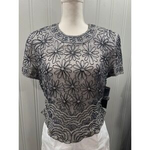 Chaudry Beaded Floral Top Sheer Short Sleeve Evening Party Blouse